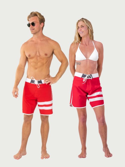 red retro board shorts