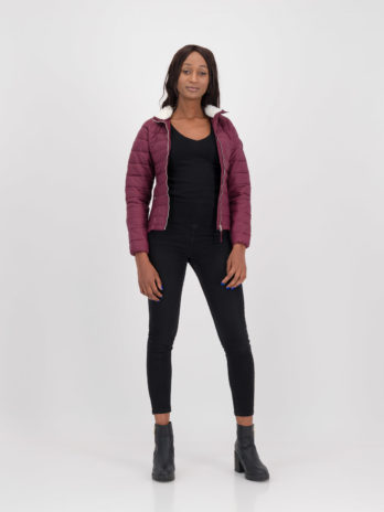 Ladies Burgundy Wine Short Puffer Jacket (Faux fur in collar) – SMALL & LARGE