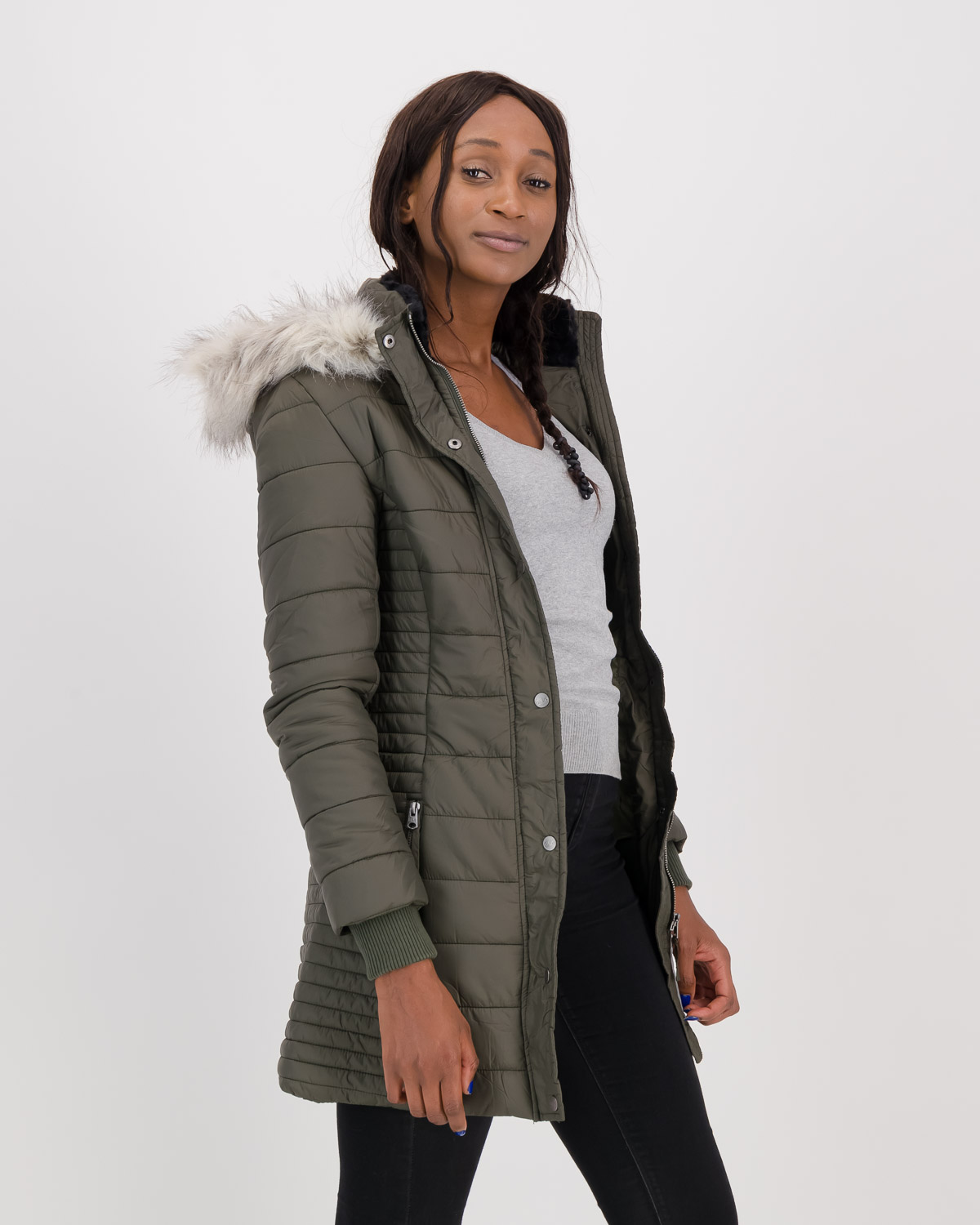 Long puffer jacket with recycled feathers - Olive Green