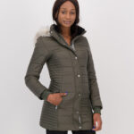 Ladies Long Puffer Jacket With Detachable Faux Fur Hood - Wild Olive Green (Small,  XL & XXL left!)