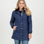 Ladies Long Puffer Jacket With Detachable Faux Fur Hood - Midnight Blue