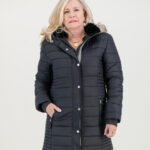 Ladies Long Puffer Jacket With Detachable Faux Fur Hood - Anthracite Black